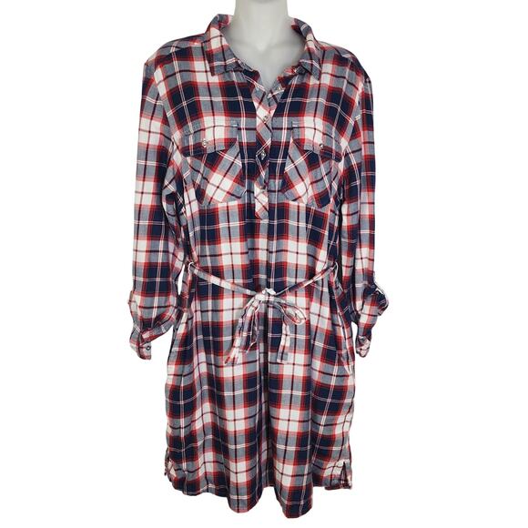 Tommy Hilfiger Shirt Dress Large Red Blue Plaid Long Tab Sleeve Tie Belt Pockets - Picture 1 of 12